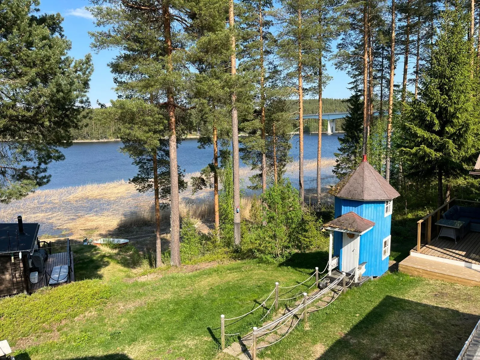 Aitta, piha ja järvinäkymä yläkulmasta