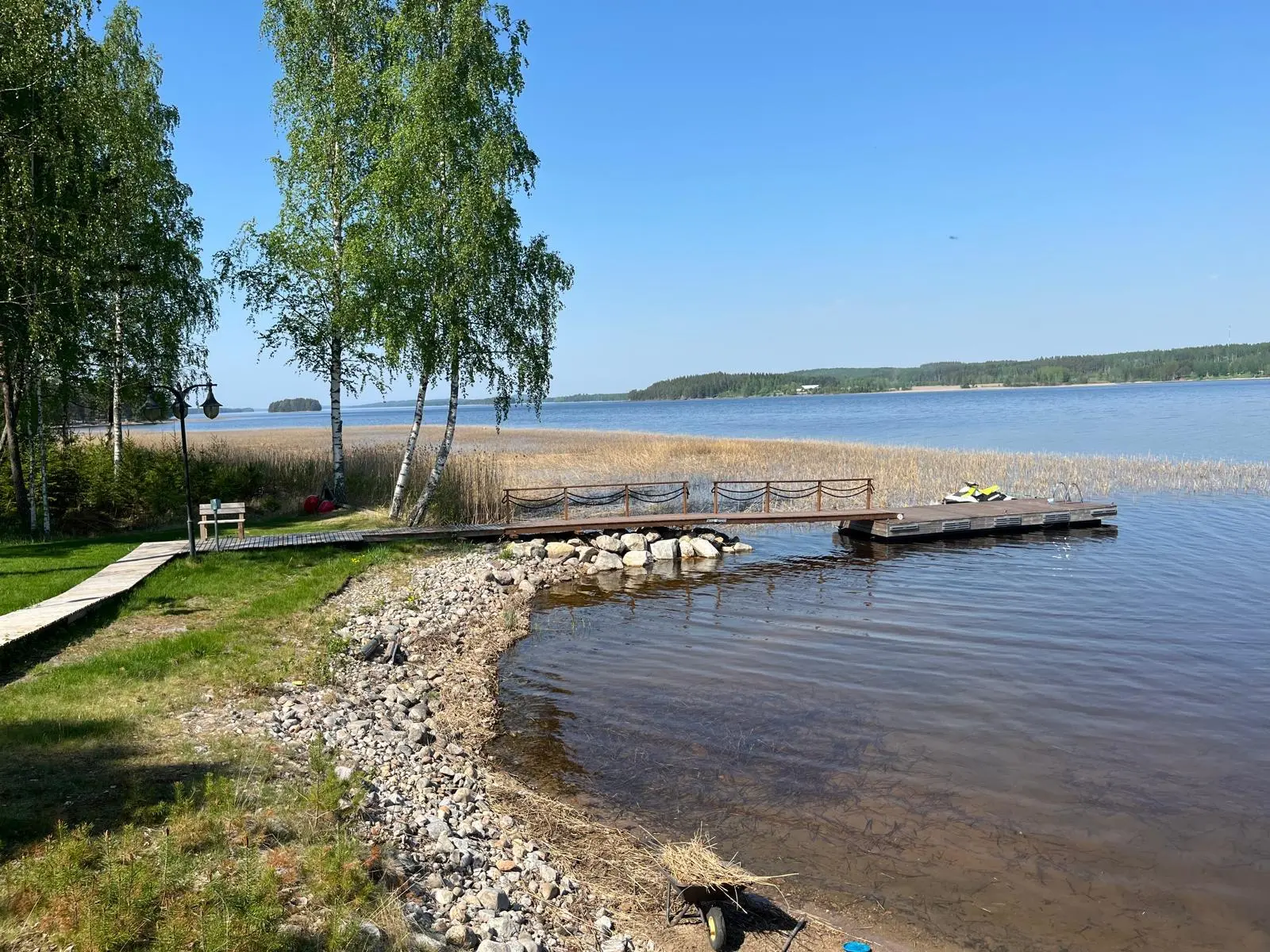 Vesijetti laiturilla koivujen välissä
